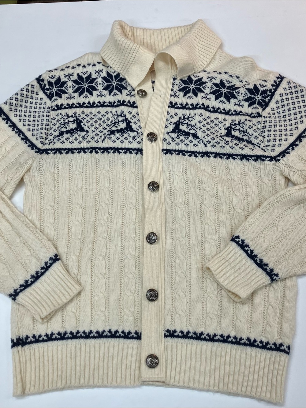 Jantzen Cream and Navy Nordic Cable-Knit Button Cardigan